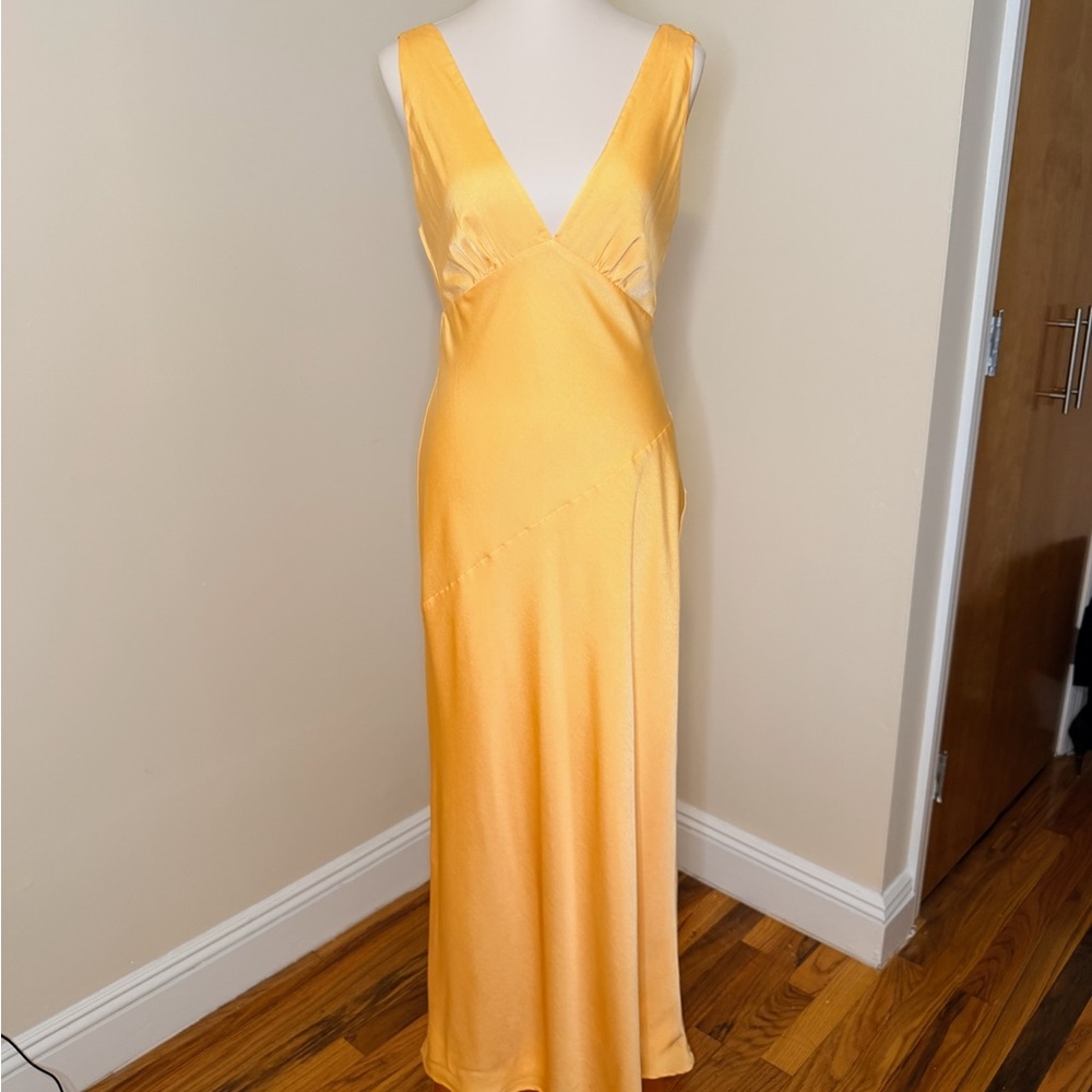Meshki Yellow Satin Backless V-Neck Maxi Dress